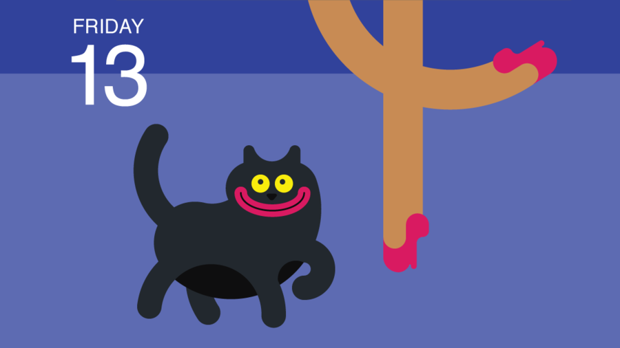 Ilustración de gato negro sonriente con piernas de persona al lado. Fondo azul y viernes 13 escrito en la parte superior izquierda de la imagen.'s legs next to it. Blue background and Friday the 13th written on the top left of the image.