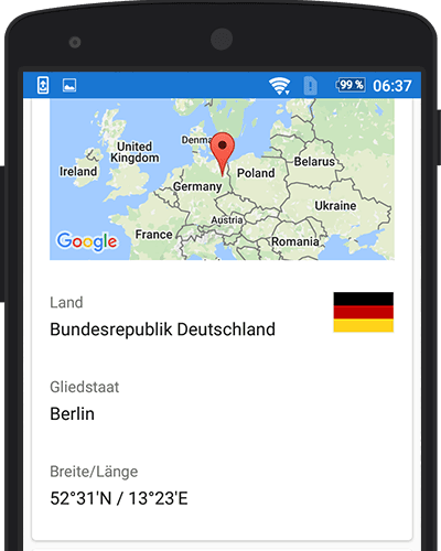 Screenshot der Stadt-Informationsseite in der Weltzeituhr App.