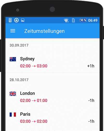 World Clock App Screenshot: Kommende Zeitumstellungen weltweit