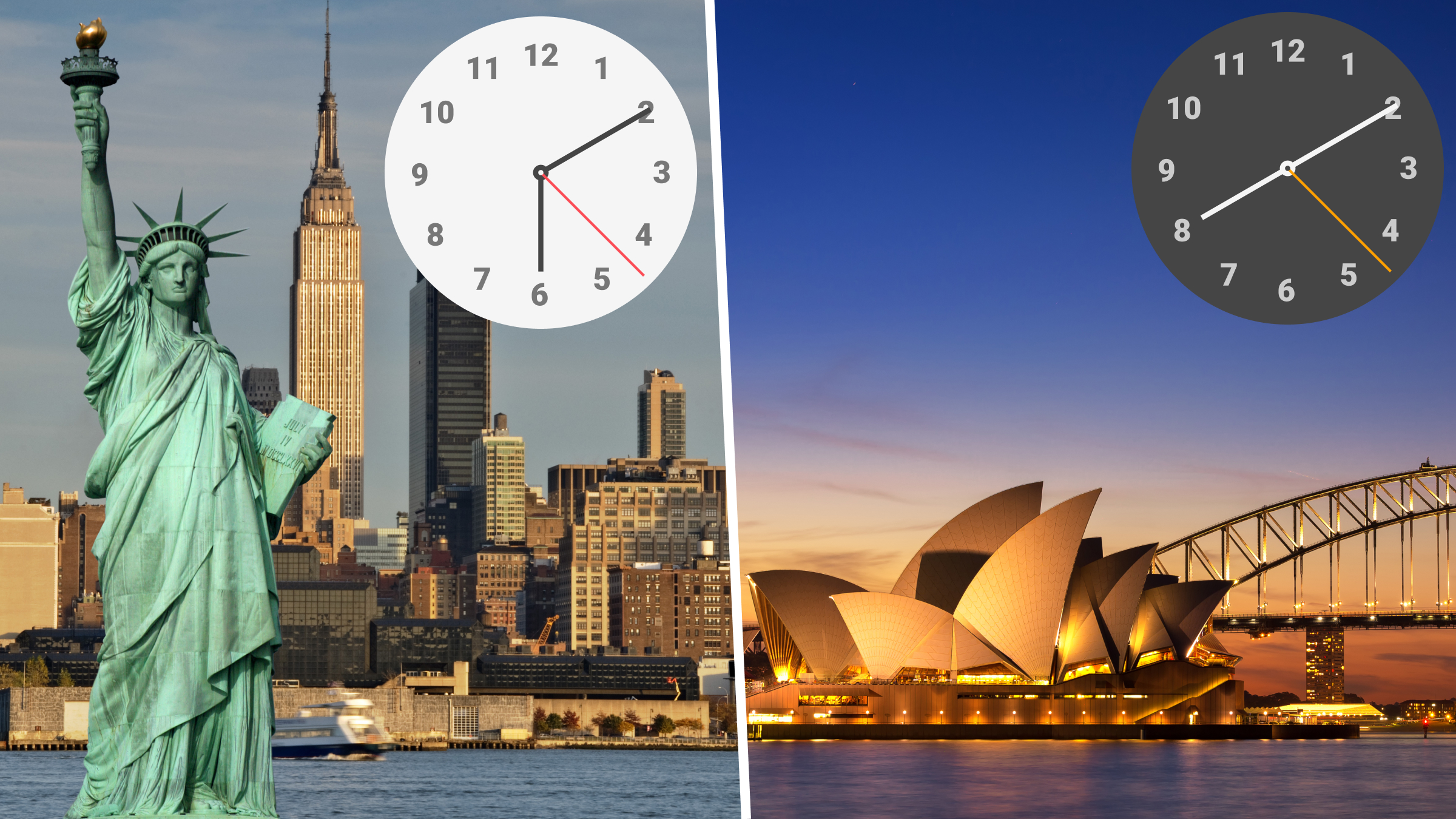 Image of New York and Sydney displaying clocks