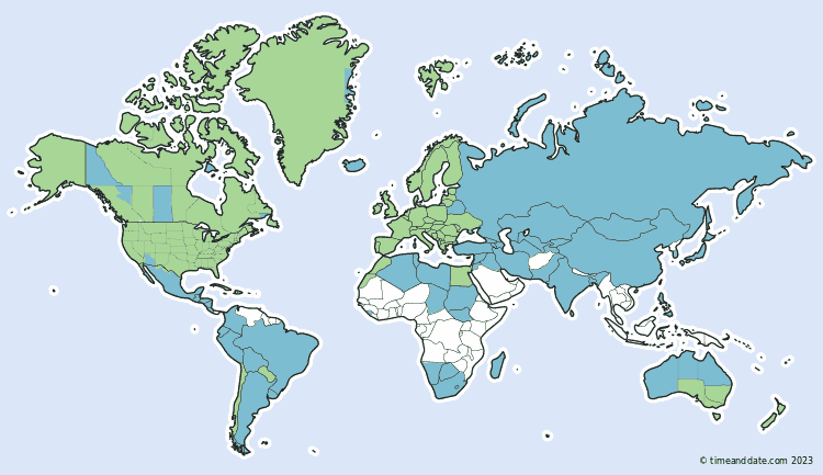 Vergangene Zeitumstellungen auf einer Weltkarte