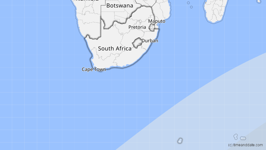 A map of Südafrika, showing the path of the 5. Feb 2000 Partielle Sonnenfinsternis