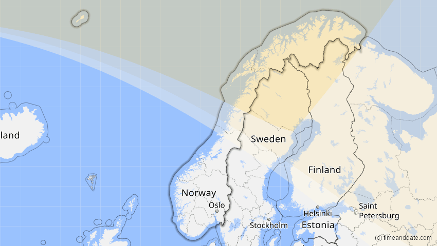A map of Norwegen, showing the path of the 31. Jul 2000 Partielle Sonnenfinsternis