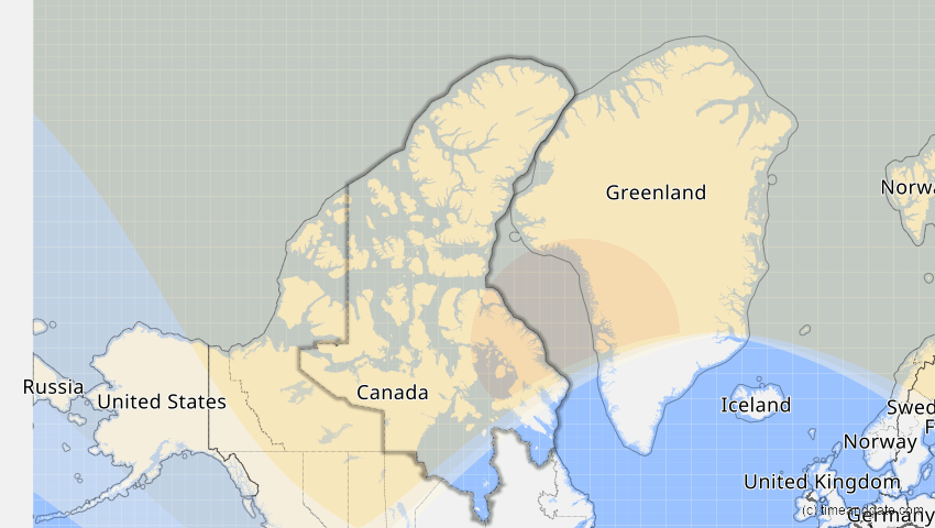 A map of Nunavut, Kanada, showing the path of the 30. Jul 2000 Partielle Sonnenfinsternis