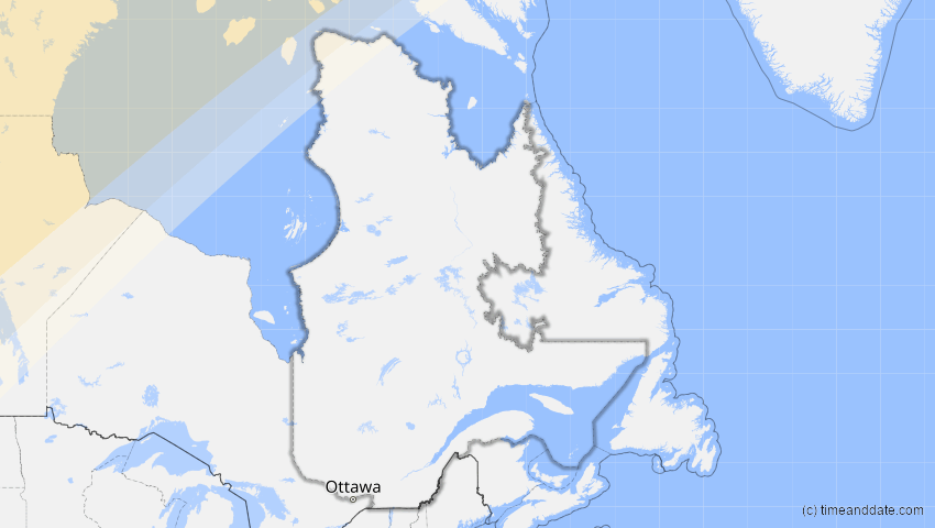 A map of Québec, Kanada, showing the path of the 30. Jul 2000 Partielle Sonnenfinsternis