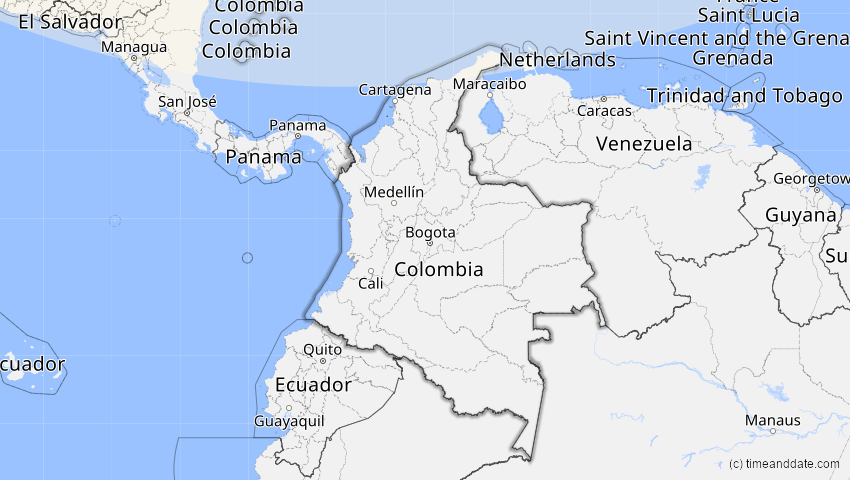 A map of Kolumbien, showing the path of the 25. Dez 2000 Partielle Sonnenfinsternis