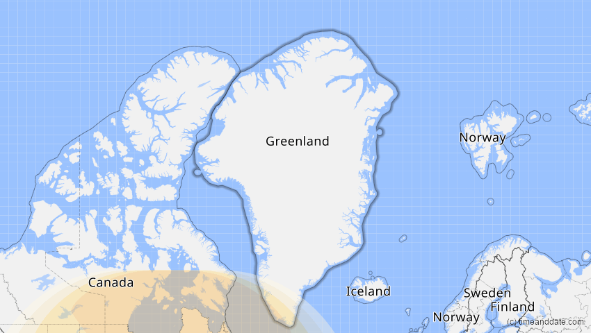 A map of Grönland, showing the path of the 25. Dez 2000 Partielle Sonnenfinsternis
