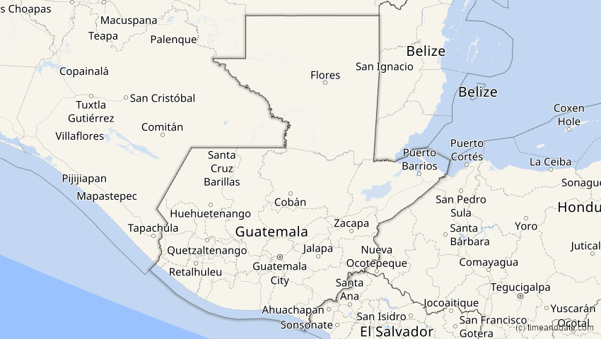A map of Guatemala, showing the path of the 25. Dez 2000 Partielle Sonnenfinsternis