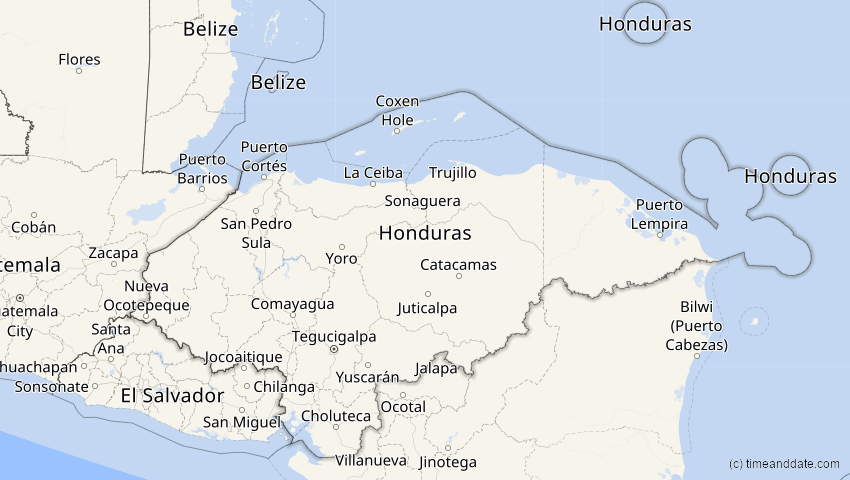 A map of Honduras, showing the path of the 25. Dez 2000 Partielle Sonnenfinsternis