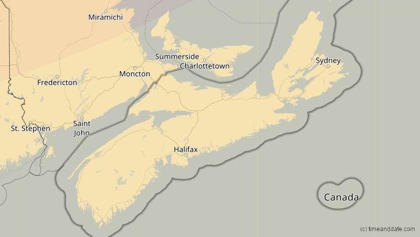 A map of Nova Scotia, Kanada, showing the path of the 25. Dez 2000 Partielle Sonnenfinsternis