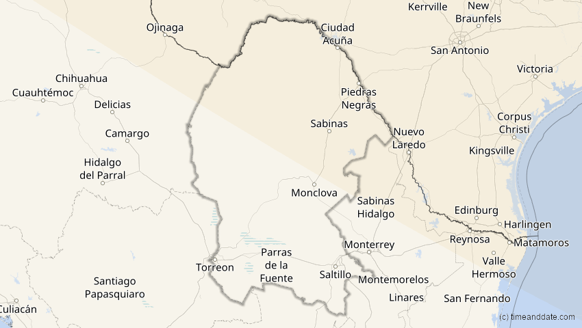 A map of Coahuila, Mexiko, showing the path of the 25. Dez 2000 Partielle Sonnenfinsternis