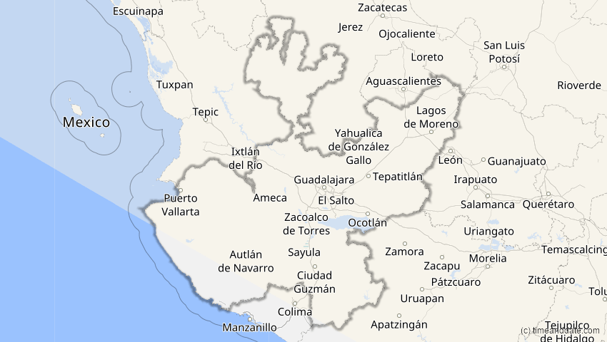A map of Jalisco, Mexiko, showing the path of the 25. Dez 2000 Partielle Sonnenfinsternis