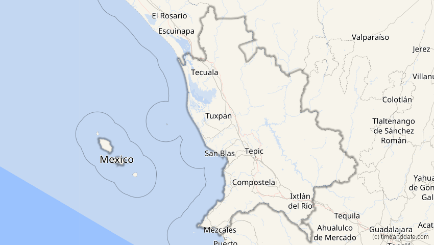 A map of Nayarit, Mexiko, showing the path of the 25. Dez 2000 Partielle Sonnenfinsternis