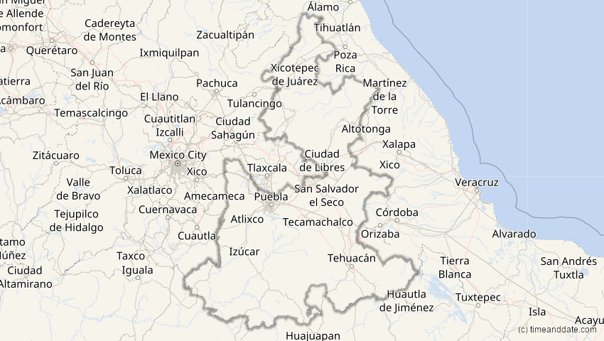 A map of Puebla, Mexiko, showing the path of the 25. Dez 2000 Partielle Sonnenfinsternis