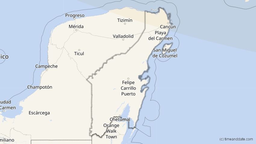 A map of Quintana Roo, Mexiko, showing the path of the 25. Dez 2000 Partielle Sonnenfinsternis