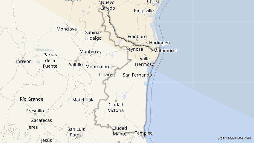 A map of Tamaulipas, Mexiko, showing the path of the 25. Dez 2000 Partielle Sonnenfinsternis