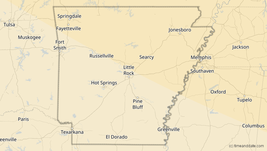 A map of Arkansas, USA, showing the path of the 25. Dez 2000 Partielle Sonnenfinsternis