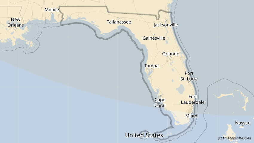 A map of Florida, USA, showing the path of the 25. Dez 2000 Partielle Sonnenfinsternis