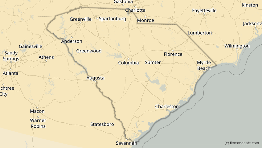 A map of South Carolina, USA, showing the path of the 25. Dez 2000 Partielle Sonnenfinsternis