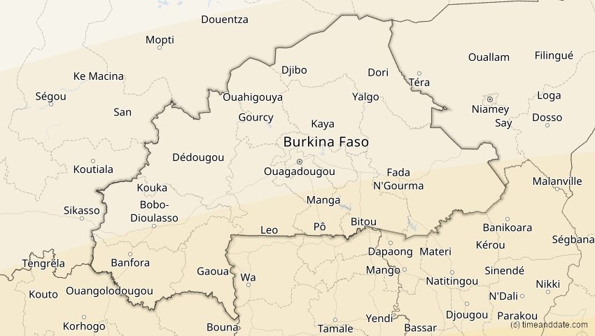 A map of Burkina Faso, showing the path of the 21. Jun 2001 Totale Sonnenfinsternis