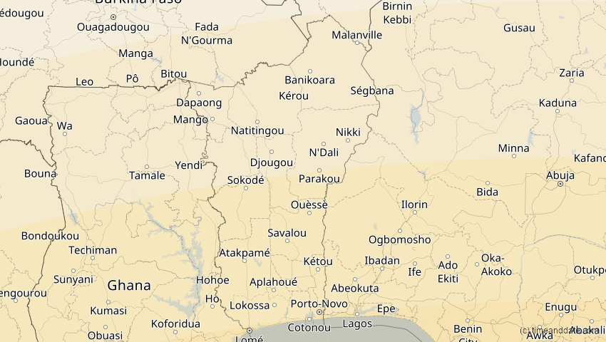 A map of Benin, showing the path of the 21. Jun 2001 Totale Sonnenfinsternis