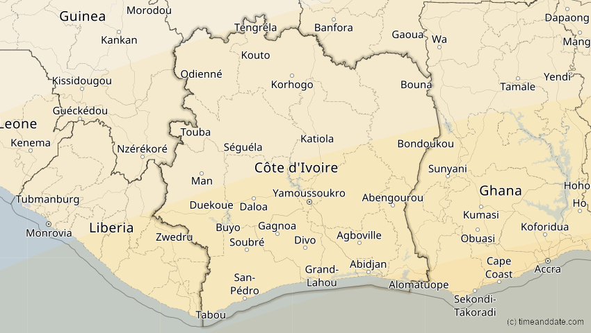 A map of Elfenbeinküste (Côte d'Ivoire), showing the path of the 21. Jun 2001 Totale Sonnenfinsternis