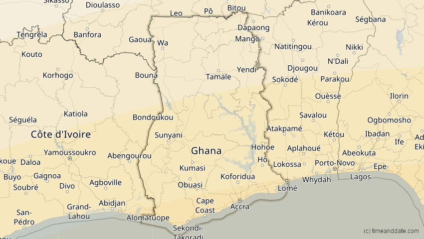 A map of Ghana, showing the path of the 21. Jun 2001 Totale Sonnenfinsternis