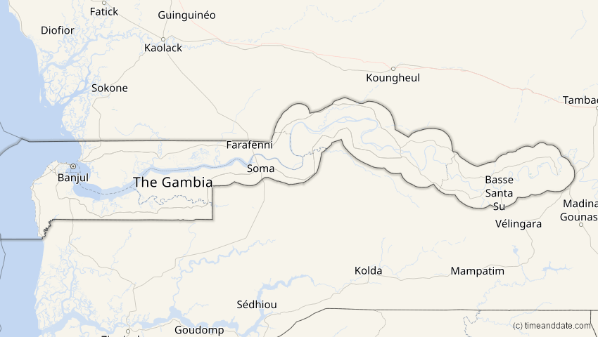 A map of Gambia, showing the path of the 21. Jun 2001 Totale Sonnenfinsternis