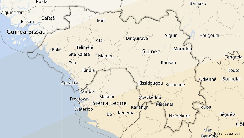 A map of Guinea, showing the path of the 21. Jun 2001 Totale Sonnenfinsternis