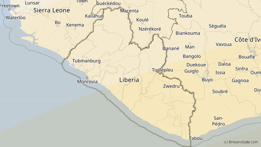 A map of Liberia, showing the path of the 21. Jun 2001 Totale Sonnenfinsternis