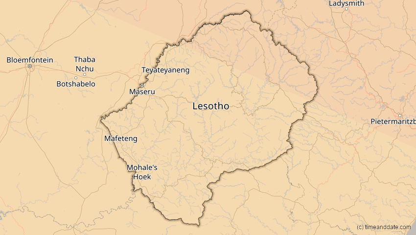 A map of Lesotho, showing the path of the 21. Jun 2001 Totale Sonnenfinsternis