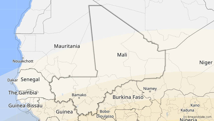 A map of Mali, showing the path of the 21. Jun 2001 Totale Sonnenfinsternis