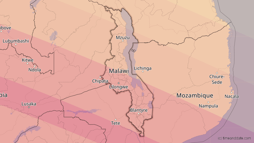 A map of Malawi, showing the path of the 21. Jun 2001 Totale Sonnenfinsternis