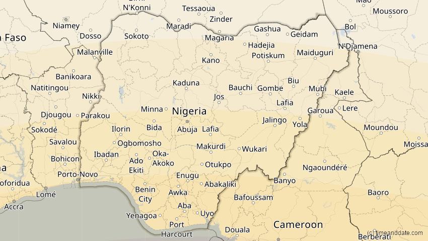 A map of Nigeria, showing the path of the 21. Jun 2001 Totale Sonnenfinsternis