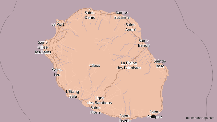A map of Réunion, showing the path of the 21. Jun 2001 Totale Sonnenfinsternis