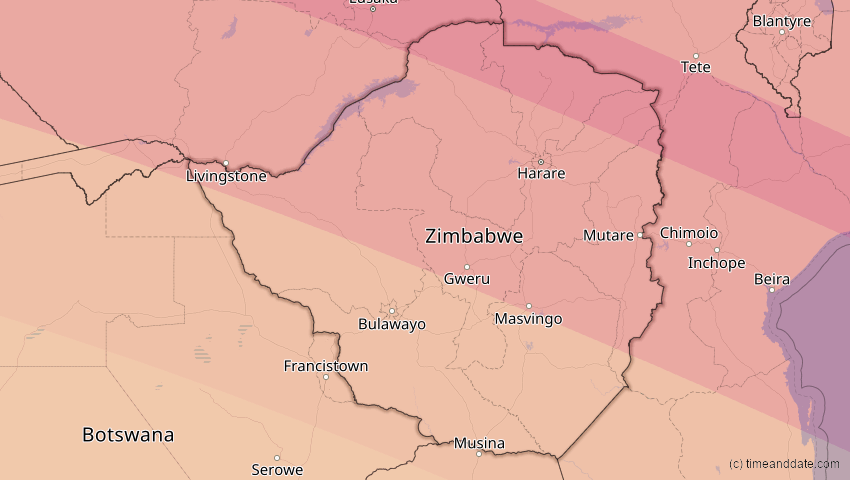 A map of Simbabwe, showing the path of the 21. Jun 2001 Totale Sonnenfinsternis