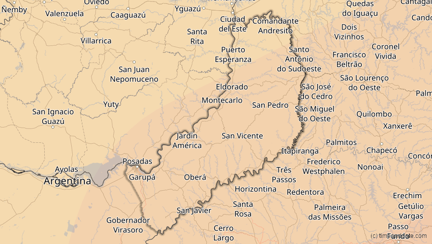 A map of Misiones, Argentinien, showing the path of the 21. Jun 2001 Totale Sonnenfinsternis