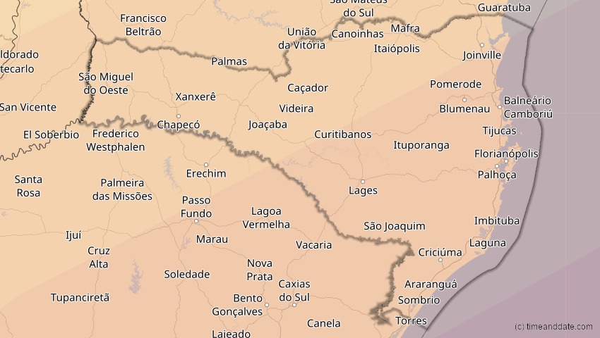 A map of Santa Catarina, Brasilien, showing the path of the 21. Jun 2001 Totale Sonnenfinsternis