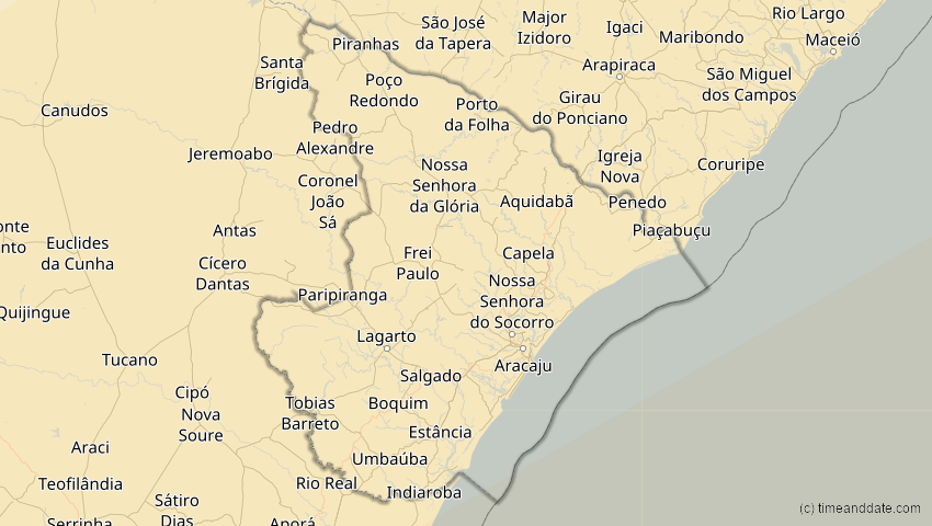 A map of Sergipe, Brasilien, showing the path of the 21. Jun 2001 Totale Sonnenfinsternis