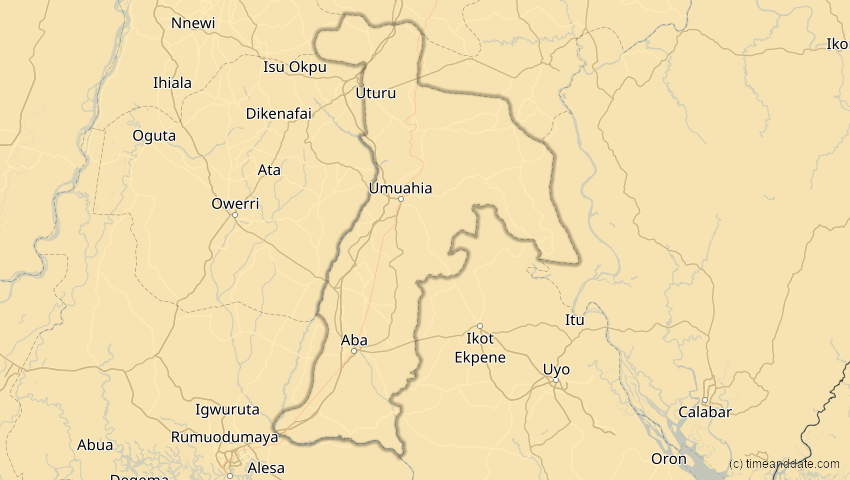 A map of Abia, Nigeria, showing the path of the 21. Jun 2001 Totale Sonnenfinsternis