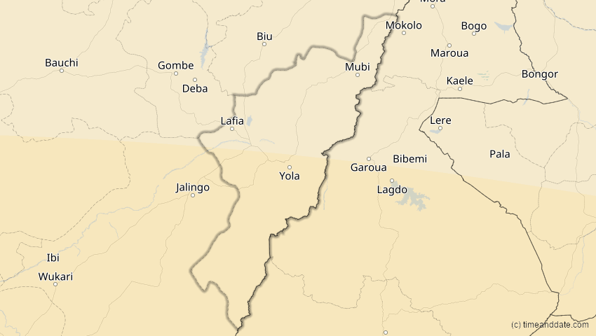 A map of Adamawa, Nigeria, showing the path of the 21. Jun 2001 Totale Sonnenfinsternis
