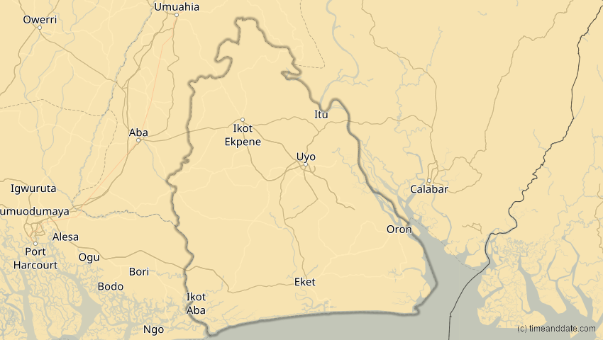 A map of Akwa Ibom, Nigeria, showing the path of the 21. Jun 2001 Totale Sonnenfinsternis