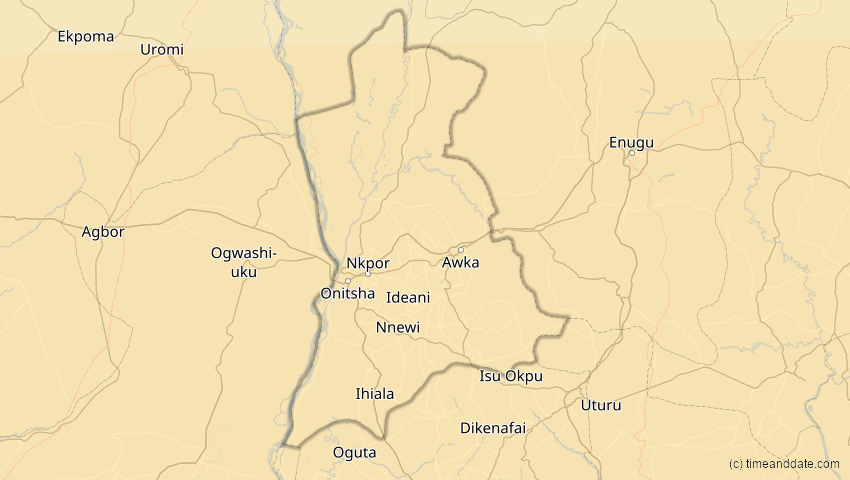 A map of  Anambra, Nigeria, showing the path of the 21. Jun 2001 Totale Sonnenfinsternis