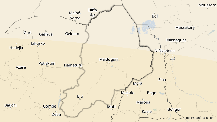 A map of Borno, Nigeria, showing the path of the 21. Jun 2001 Totale Sonnenfinsternis
