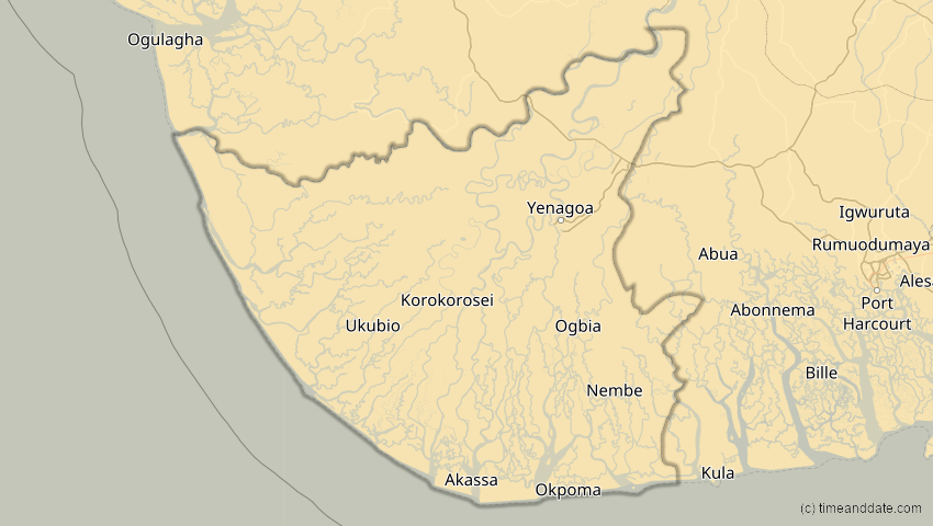 A map of Bayelsa, Nigeria, showing the path of the 21. Jun 2001 Totale Sonnenfinsternis