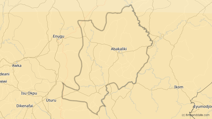 A map of Ebonyi, Nigeria, showing the path of the 21. Jun 2001 Totale Sonnenfinsternis