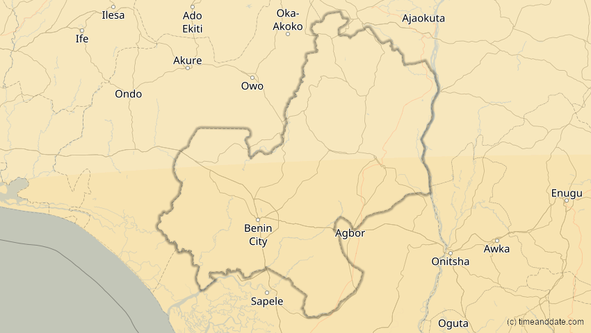 A map of Edo, Nigeria, showing the path of the 21. Jun 2001 Totale Sonnenfinsternis
