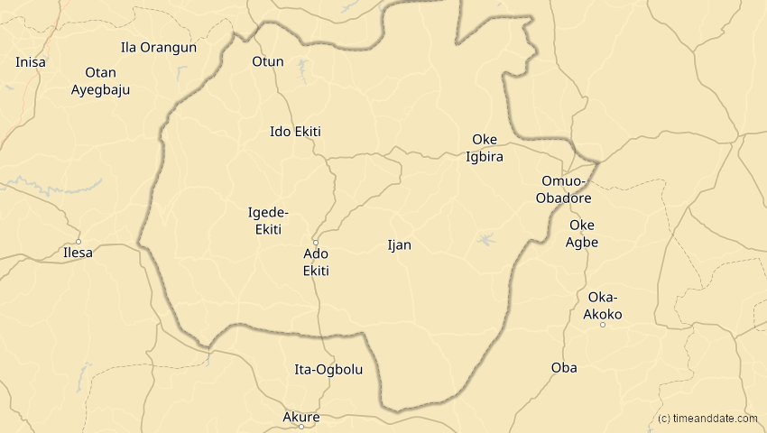 A map of Ekiti, Nigeria, showing the path of the 21. Jun 2001 Totale Sonnenfinsternis