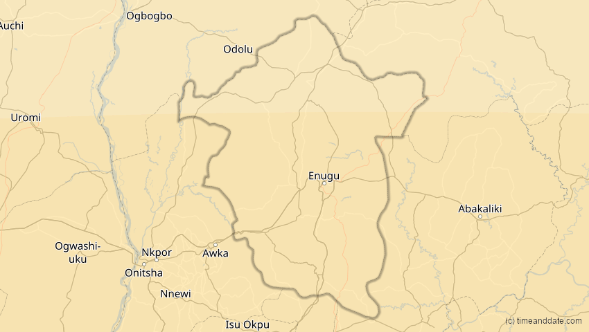 A map of Enugu, Nigeria, showing the path of the 21. Jun 2001 Totale Sonnenfinsternis