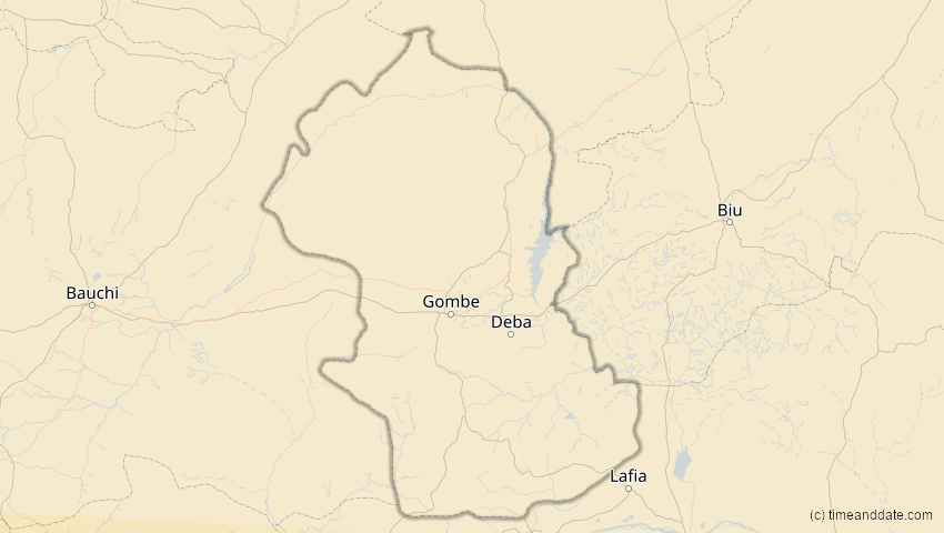 A map of Gombe, Nigeria, showing the path of the 21. Jun 2001 Totale Sonnenfinsternis